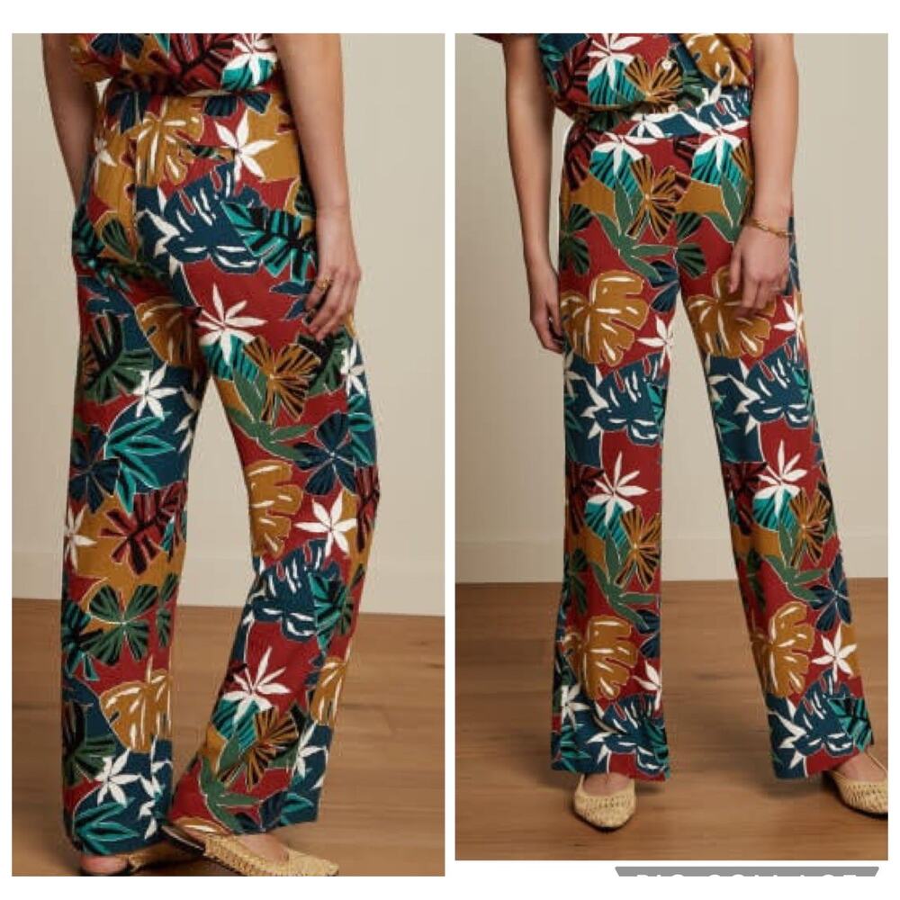 King Louie Ethel Trousers Pants Blue Wide Straight Leg Tropical Linen Size EU 34